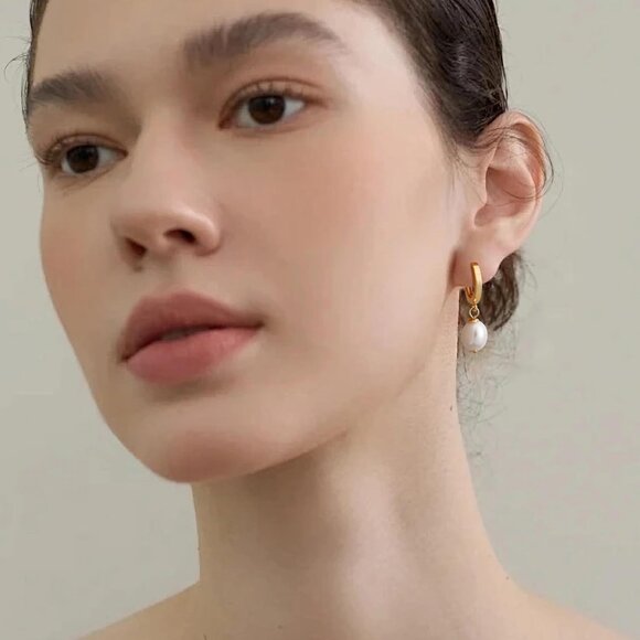 Pearl Drop Earrings Gold Plated Huggie Hoops 10mm Elegant Jewelry for Women - Picture 4 of 9